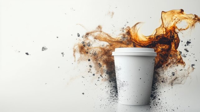 Creative image of coffee splashing from a takeaway cup, capturing motion and energy in a minimalist setting.