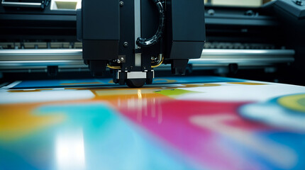Large format printer printing a colorful banner in a printing shop