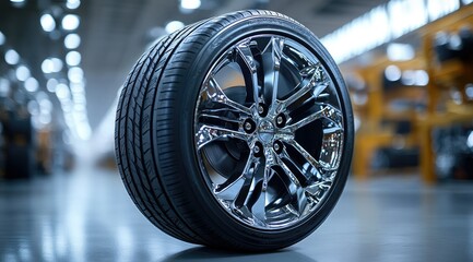 A new car tire with a chrome rim on a gray floor.