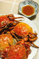 Fresh and plump steamed hairy crab close-up
