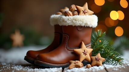 Leather boot for St. Nicholas Day filled with chocolate Santa cookies, gingerbread, cinnamon, stars, orange and green, fresh spruce branches