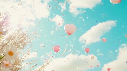Fototapeta premium Heart-shaped Balloons Floating with Confetti Against a Blue Sky