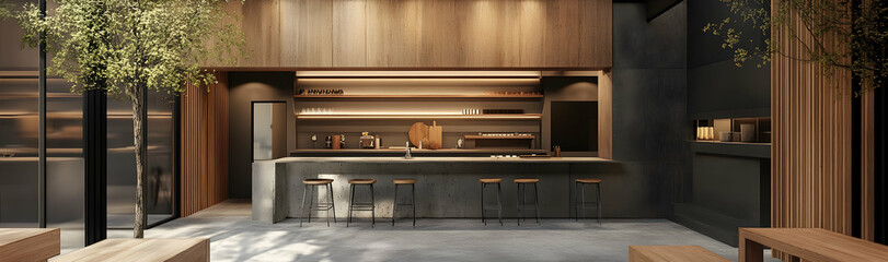 Modern kitchen with gray and wooden walls, concrete floor, and bar stools  -