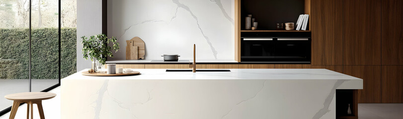 Fototapeta premium Modern kitchen with white marble countertop and wooden accents -