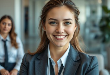 Fototapeta premium Confident Businesswoman Smiling Portrait Office Background