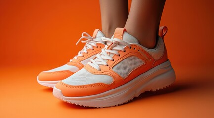 Naklejka premium A pair of white and orange sneakers on an orange background.