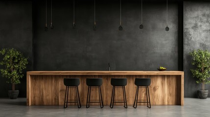 Sleek, minimalistic kitchen design featuring a long wooden counter, elegant black wall behind, suggesting a blend of practicality and style for modern living.
