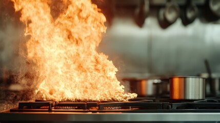 A close-up view of a kitchen stove with a dynamic burst of flames, representing the intense heat and energy, ideal for culinary enthusiasts and chefs alike.