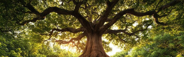 Obraz premium Majestic tree with vibrant roots under a golden sunset glow.