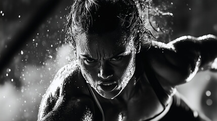 athlete in the middle of a CrossFit move, sweaty and determined looking woman