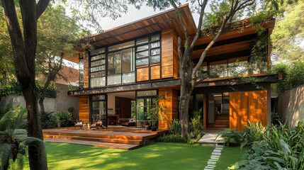 Modern Wooden House Exterior a?" Contemporary house exterior with wooden walls and trees in the backyard, blending natural and modern design -