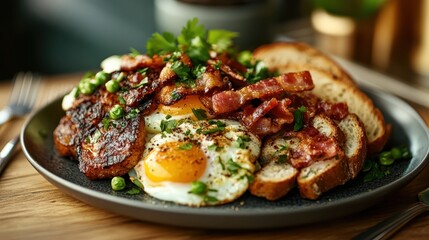 A filling breakfast showcasing perfectly cooked eggs, strips of bacon, fresh green peas, herbs, homemade bread slices, and a touch of greenery for freshness.
