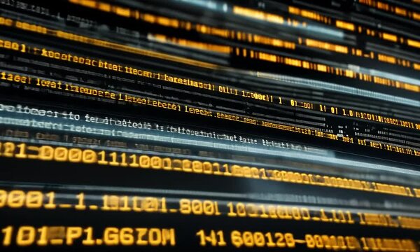 Abstract digital code with glowing yellow lines in a futuristic digital space.