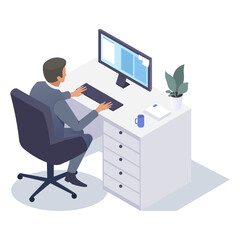 A businessman at a desk working on a computer, in isometric style. Background is minimal, concept of productivity. Vector illustration