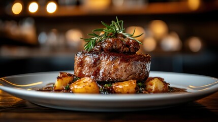 A succulent steak sits atop roasted potatoes with rosemary garnish, perfectly plated in a restaurant setting showcasing fine dining excellence and culinary art.