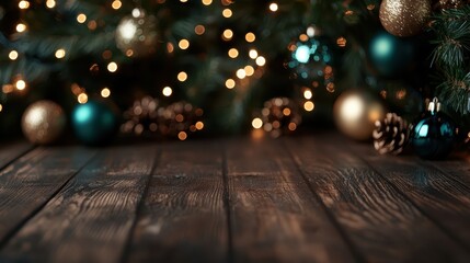 A warm and rustic holiday scene with golden and blue ornaments interwoven with twinkling lights and pinecones on a wooden surface, evoking nostalgia.