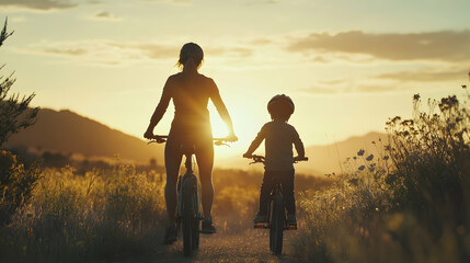 Outdoor Family Sports a?" Mother and son enjoying outdoor sports together, with a bike and a sunset backdrop -