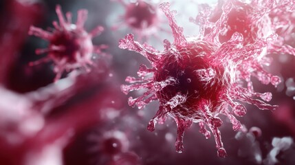 A detailed rendering of virus particles displayed with a neon glow, highlighting their intricate structures. The image explores themes of health and microscopic worlds.