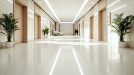 An immaculate hospital corridor with gleaming floors, illuminated by overhead lights, with potted plants and hospital beds, creating an ambiance of order and care.
