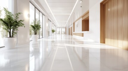 A sleek hallway featuring white marble floors and potted plants, with abundant natural light streaming through large windows, creating a modern and luxurious look.