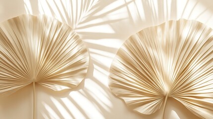 Elegant Beige Palm-Leaf Wallpaper with Large Fan-Shaped Leaves on a White Background, Exuding Minimalist Aesthetics and Subtle Textures for Interior Design