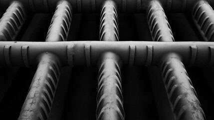 Close-up of intersecting steel rebar rods with textured surface in monochrome, highlighting construction materials and industrial design patterns