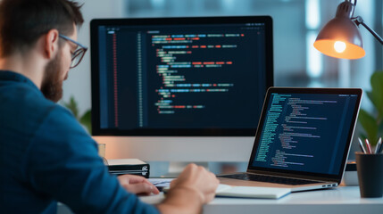 A focused developer working on code across multiple screens, illustrating dedication and attention to detail in a modern tech workspace.