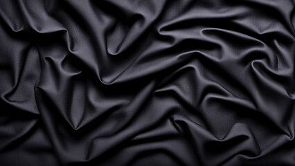 Fototapeta premium Crumpled fabric velvet textile silk. Background. Wallpaper. Elegant glossy black satin fabric background with a crumpled texture, perfect for use as wallpaper or in refined design. Black glossy.