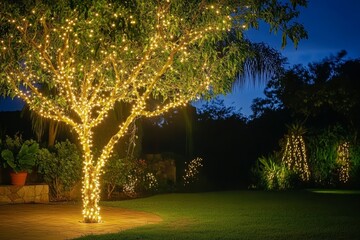 Enchanting nighttime garden scene with twinkling decorative lights on a tree for the holidays
