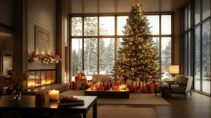 A luxurious holiday living room with a grand Christmas tree, glowing fireplace, and abundant presents, exuding warmth and festive elegance.