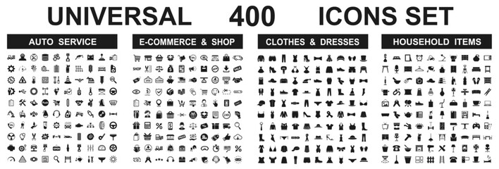 Set 400 icons: auto service, shopping, clothes, home living signs collection