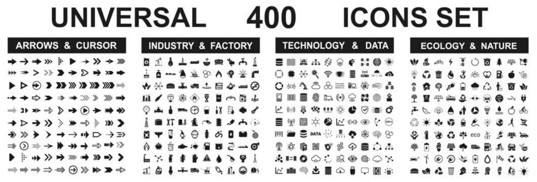Set 400 icons: arrows, industry, ecology, technology signs collection