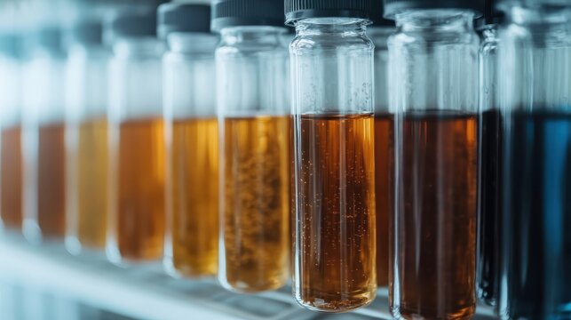 A row of test tubes filled with vibrant colored liquids, representing scientific exploration and analysis, capturing a scene of chemical and analytical intrigue.