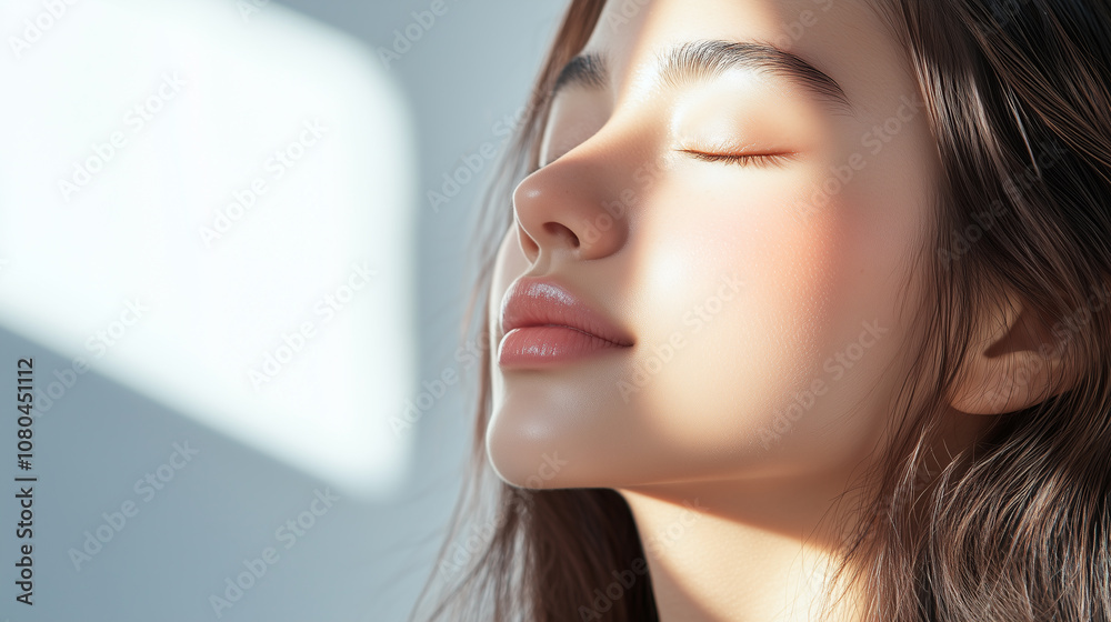 Poster 若い綺麗なアジア人女性モデルの横顔。日差しを浴びて輝いている美肌にフォーカスした美容ポートレート。