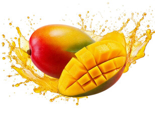 Ripe cut mango with green leaf. Isolated on a transparent background
