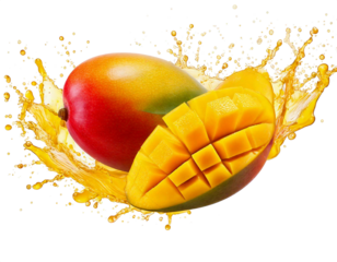 Ripe cut mango with green leaf. Isolated on a transparent background
