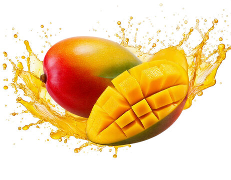 Ripe cut mango with green leaf. Isolated on a transparent background