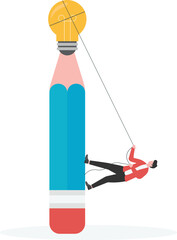 Creative clue, businessman climbing pencil trying to get glowing light bulb

