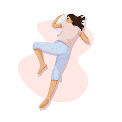 A woman sleeping soundly while wearing polka-dotted pajamas. Vector illustration