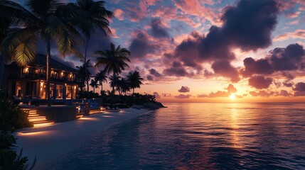 Obraz premium ropical Beachfront Villa Sunset, Luxurious Beachfront Villa