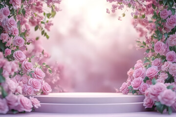 Podium background flower rose product pink 3d spring table beauty stand display nature white. Garden rose floral summer background podium cosmetic valentine easter field scene gift purple day romantic