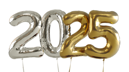 Inflated golden and metallic 2025 gold foil balloons isolated on transparent background, two thousand twenty-five