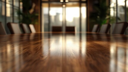 The image captures an elegant boardroom table with chairs around, beautifully illuminated by natural light coming from large windows, portraying a serene workspace setting.