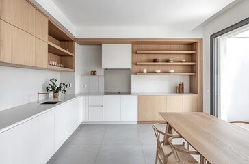 Naklejka premium 3D Rendering of a Modern White Kitchen Interior with Minimalist Design and Clean Aesthetic