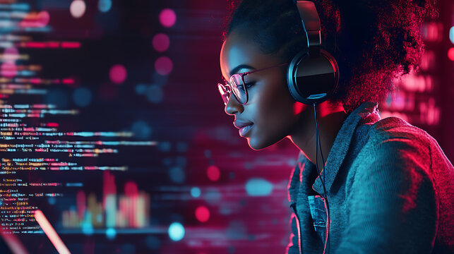 A professional woman wearing headphones coding on her laptop in a collaborative office environment 