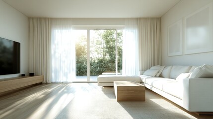 A serene minimalist living room with sunlight streaming in through large windows, featuring a white sofa, wooden floor, and soft curtains for a calming ambiance.