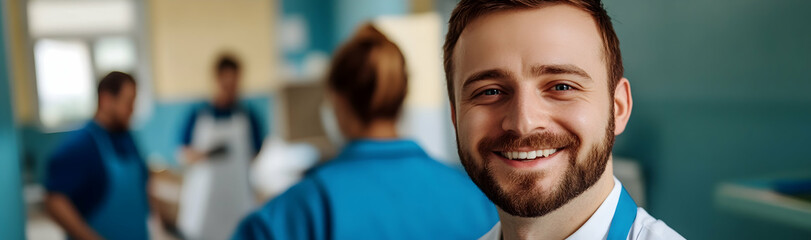 Fototapeta premium Smiling man in a cleaning service uniform with colleagues working in the background, indicating a professional cleaning team -