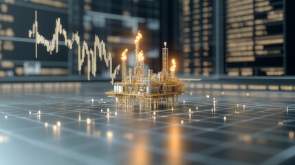 Oil sector trading stock overview depicted with burning rigs and market fluctuations vivid light contrasts and shadows, Photorealistic