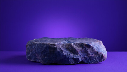 Rough stone podium for presentation, purple tones. Abstract empty pedestal for product presentation.