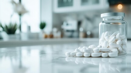 A glass jar of white tablets has tipped over, spilling its contents across a shiny marble kitchen counter, with a bright atmosphere streaming through windows.
